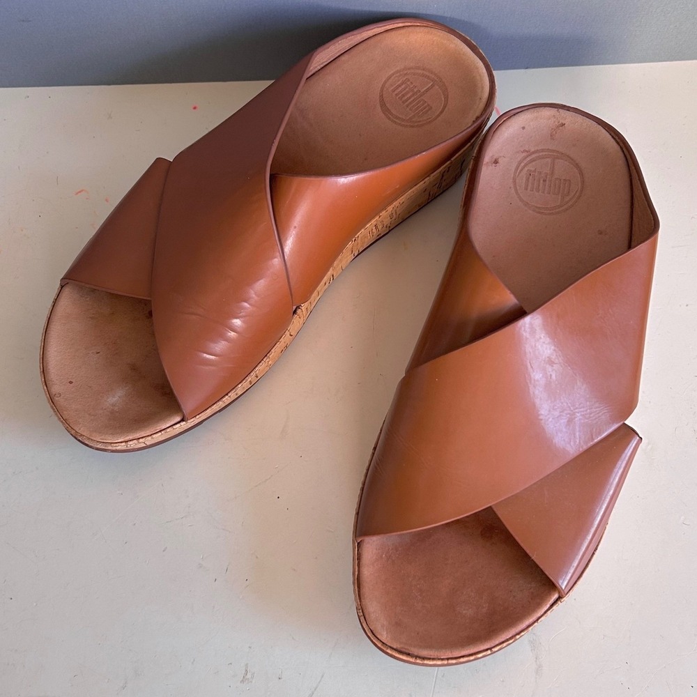 FitFlop wedge sandals womens size 8 KYS Brown Leather Criss Cross minimalist - Picture 5 of 9